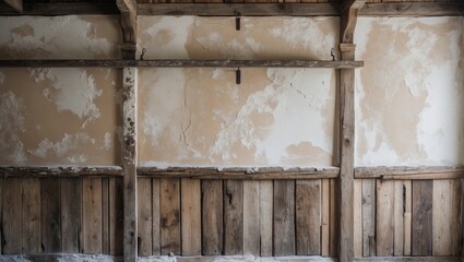 Weathered plaster on an old wooden wall with exposed beams and a rustic rail, showcasing wear and historical character in interior design.