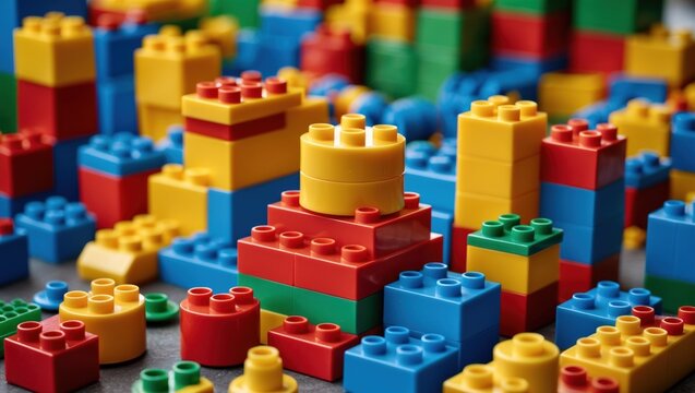 Colorful plastic building blocks in a close-up view creating a playful and imaginative construction scene for children's creativity.