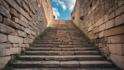 Ancient stone staircase leading upward into a blue sky surrounded by weathered walls representing history and architectural beauty.