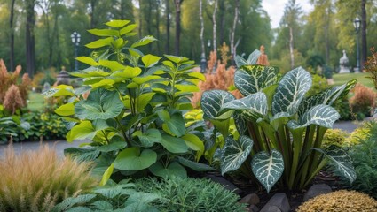 Fototapeta premium Diverse foliage in a Russian park showcasing unique leaf patterns amidst lush greenery and serene garden landscape.