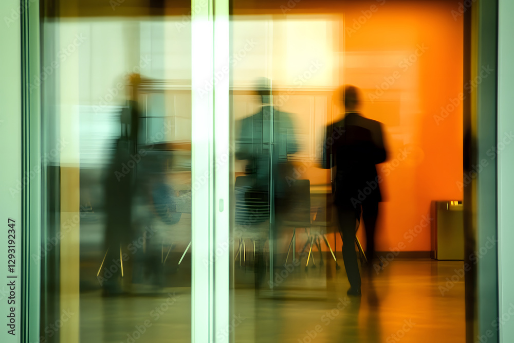 Wall mural abstract blur image of business people walking at modern hallway with bokeh for background usage