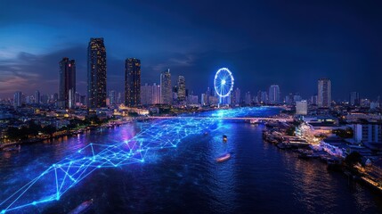 Obraz premium Cityscape night, river, Ferris wheel, digital network, technology