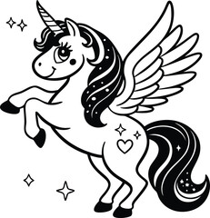 Cute cartoon unicorn Pegasus vector illustration line art silhouette