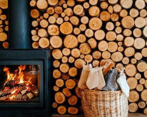 A cozy room featuring a wood-burning stove, a basket of firewood, and a decorative wall made of stacked logs.