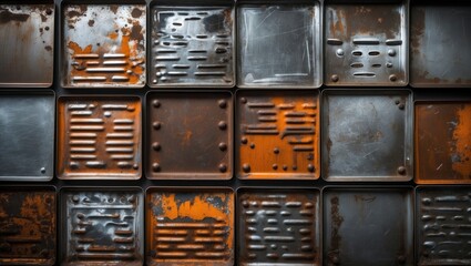 Rusty steel plate background with diverse patterns and textures ideal for industrial or vintage design applications.