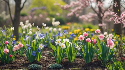 Fototapeta premium Vibrant spring garden with blooming flowers creating a colorful nature background ideal for outdoor or floral themes.