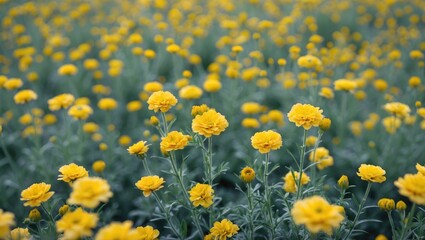 Obraz premium Vibrant Field of Small Yellow Flowers with Blurred Background and Room for Text Overlay