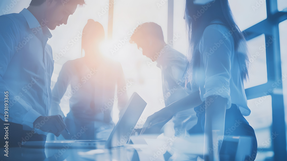 Wall mural abstract blur image of business people walking at modern hallway with bokeh for background usage