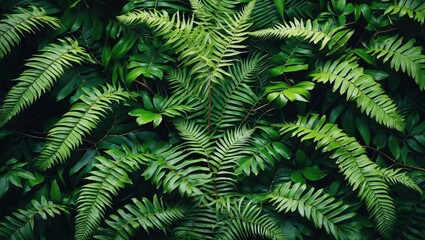 Tropical leaves texture background with green ferns ideal for website banners, wallpapers, and advertising space. Nature-inspired design.