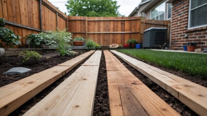 Obraz premium Garden Pathway Made of Wooden Planks Surrounded by Plants in a Residential Backyard Setting