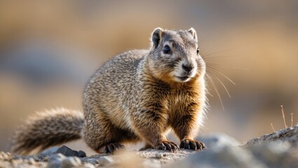 Naklejka premium Steppe Marmot in natural habitat showcasing fine details of fur and surroundings on a sunny day in a mountainous terrain.