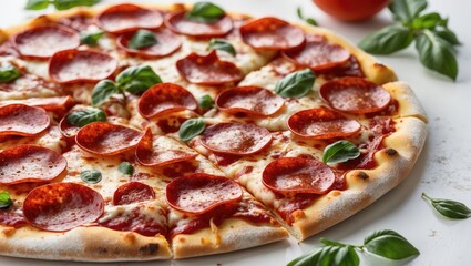 Delicious Pepperoni Pizza Topped with Fresh Basil on a Light Background Perfect for Food Lovers and Culinary Promotions