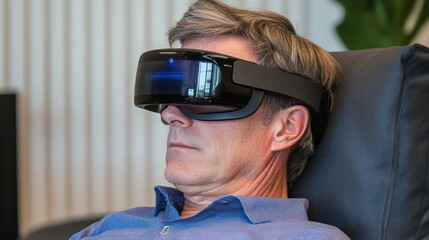 Relaxing with Virtual Reality Headset: A Man Experiences Immersive Technology