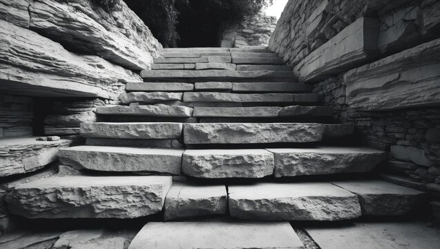 Natural sedimentary rock staircase in black and white showcasing textured limestone steps surrounded by rugged stone walls.