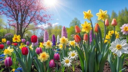 Vibrant Spring Garden Blossoms Under Bright Sunlight with Colorful Flowers in Bloom and Breathtaking Natural Scenery