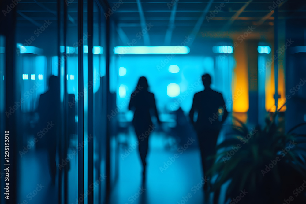Wall mural abstract blur image of business people walking at modern hallway with bokeh for background usage
