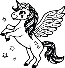 Cute cartoon unicorn Pegasus vector illustration line art silhouette
