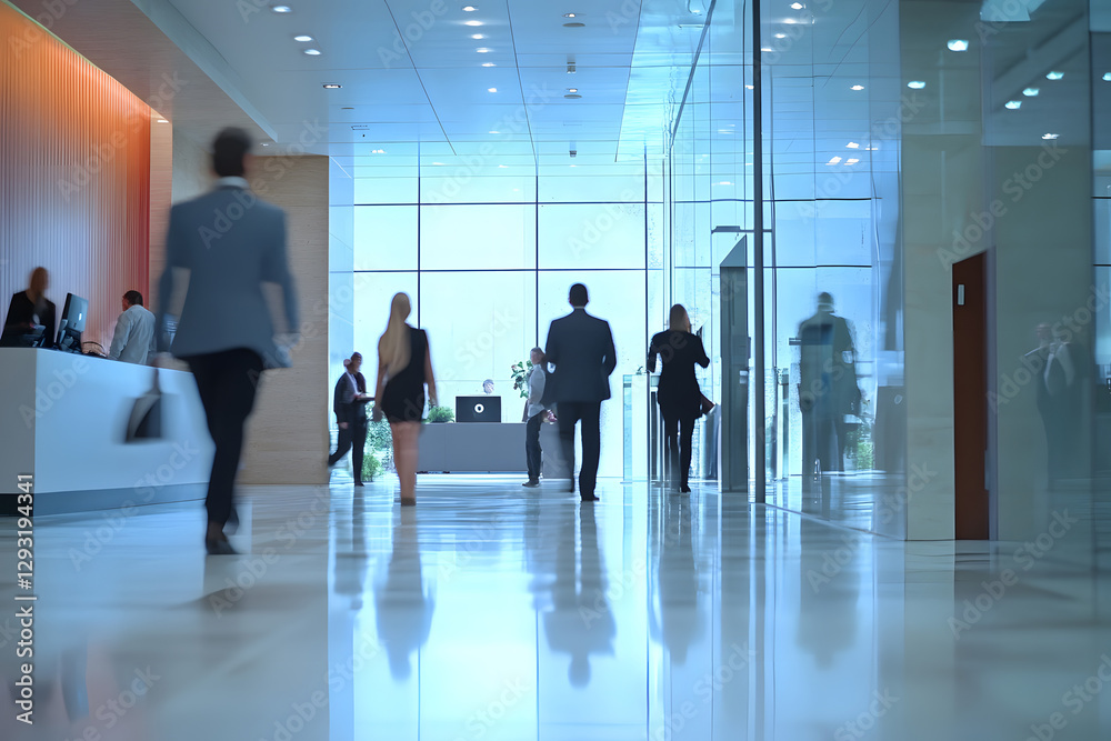 Wall mural abstract blur image of business people walking at modern hallway with bokeh for background usage