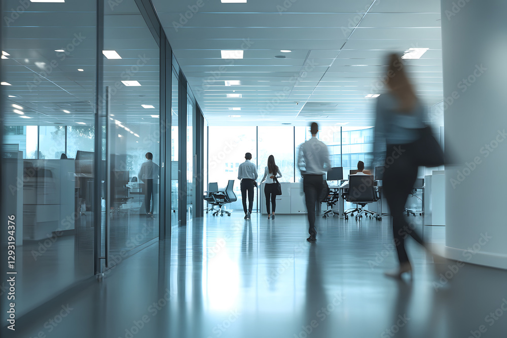 Wall mural abstract blur image of business people walking at modern hallway with bokeh for background usage