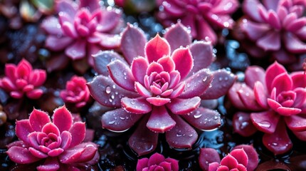 Obraz premium Vibrant pink succulent plants adorned with water droplets in a close-up showcasing their intricate textures and natural beauty.