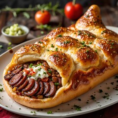Turkish pide with flavorful sucuk sausage, minced meat, and a golden crust. A deliciously spiced, boat-shaped flatbread for savory enjoyment.