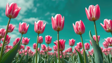 Obraz premium Vibrant Pink Tulips Against a Green Field and Sky Showcasing Nature's Beauty and Springtime Serenity
