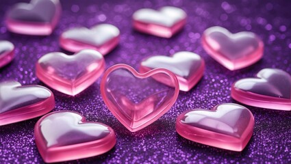 Obraz premium Pink transparent heart shapes scattered on a shimmering purple glitter background, perfect for romantic or whimsical designs.