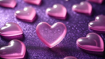 Pink translucent hearts scattered on a sparkling purple background creating a whimsical and romantic atmosphere.