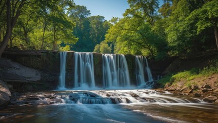 Obraz premium Serene Waterfall Flowing Through Lush Greenery Captured with Long Exposure on a Sunny Summer Day