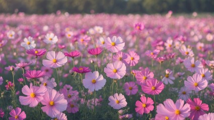 Fototapeta premium Vibrant Pink Cosmos Flower Field with Soft Focus and Copy Space for Text in a Romantic and Serene Nature Setting