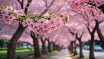 Fototapeta premium Blossoming pink sakura trees line a tranquil walkway in Thailand creating a picturesque spring scenery.
