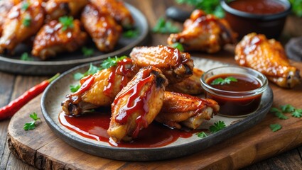 Spicy Grilled Chicken Wings Glazed with Barbecue Sauce Served on Rustic Plate with Fresh Herbs and Dipping Sauce