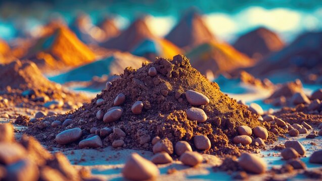 Vibrant soil textures at Katali Beach showcasing earthy mounds and pebbles in Bangladesh under soft natural lighting.