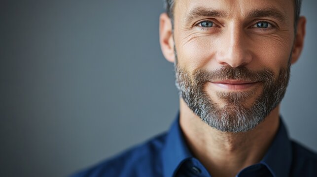 Modern businessman exudes confidence and professionalism in a deep blue shirt.