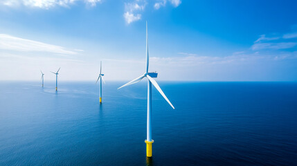 Aerial view of offshore wind turbines in a clear blue ocean under a bright sky, showcasing renewable energy technology and environmental sustainability.