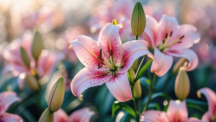 Fototapeta premium Elegant Pink Lily in Soft Natural Light with Blurred Background and Space for Text or Branding