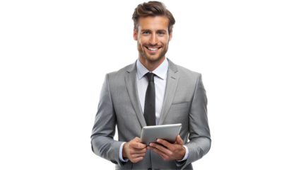 Portrait of a confident young businessman wearing grey  blazer and holding a tablet with both hands isolated on white background. Suitable for marketing or business purposes. PNG file