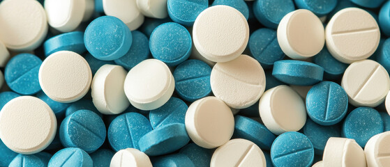 Top view of pile of mixed blue and white round pills, medical background