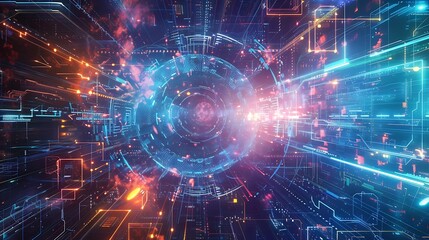 Futuristic Digital Background with Neon Lights and Data Circuits in a Sci-Fi Style