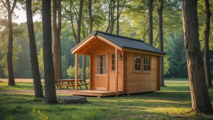 Cozy Wooden Cottage Surrounded by Trees Ideal for Relaxing Camping Experience