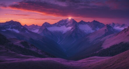 Fototapeta premium Vibrant Purple Sunset Over Majestic Mountain Range Reflecting Natural Beauty With Copy Space For Text In Scenic Landscape Composition