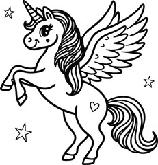 Cute cartoon unicorn Pegasus vector illustration line art silhouette