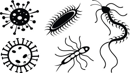 Various microorganism silhouettes in vector design, ideal for science, microbiology, and healthcare-themed artwork