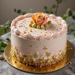 a rose pistachio cake on golden cake board