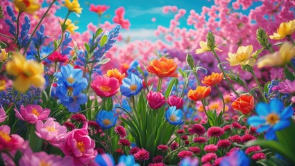 Vibrant Spring Floral Landscape with Colorful Blooms and Lush Greenery Under a Bright Blue Sky in a Nature Background