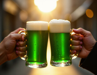 Picture of hands toasting with green beer in Saint Patrick's Day celebration. Generative AI