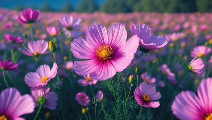 Fototapeta premium Vibrant pink cosmos flowers blossoming in a sunlit field with lush greenery creating a picturesque floral landscape.