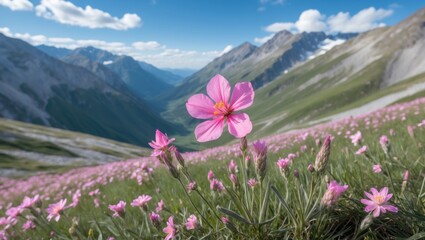 Obraz premium Pink Wildflowers in Mountain Meadow with Expansive Landscape and Clear Blue Sky for Nature and Travel Themes. Copy Space Available.