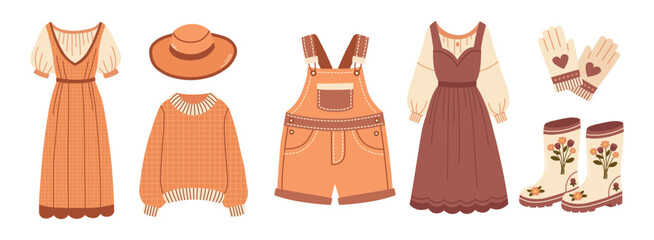 Vintage cottagecore clothing set. Garden summer cottage clothes, wear collection, dress, sweaters, hat, rubber boots, gloves, overalls. Vector illustration.