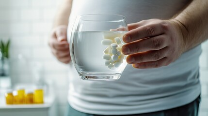 A person taking an obesity drug at a health clinic. Featuring medication adherence and wellness